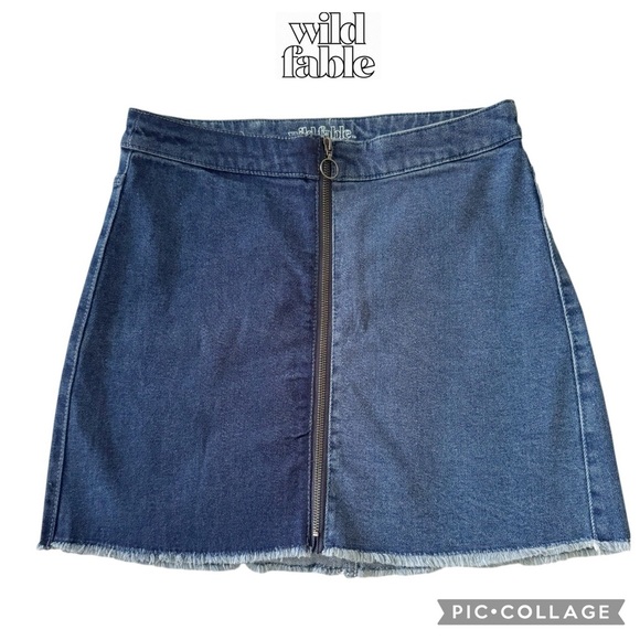 Wild Fable 2 Toned full zip Denim Mini Skirt Raw Frayed Hem Size 8 - Picture 1 of 8